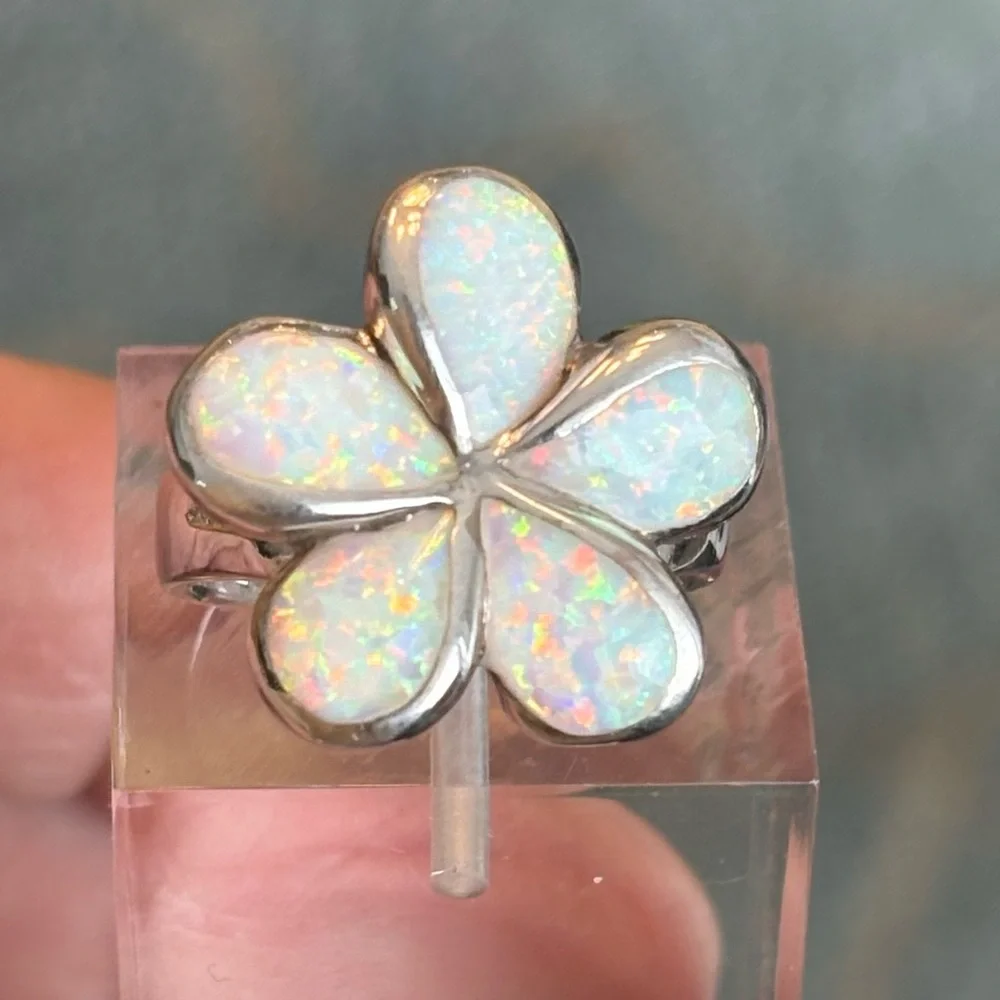Stunning Opal Inlay Flower Ring solid Sterling Silver 925 Artisan Made sz 6 7/8 - Picture 7 of 12